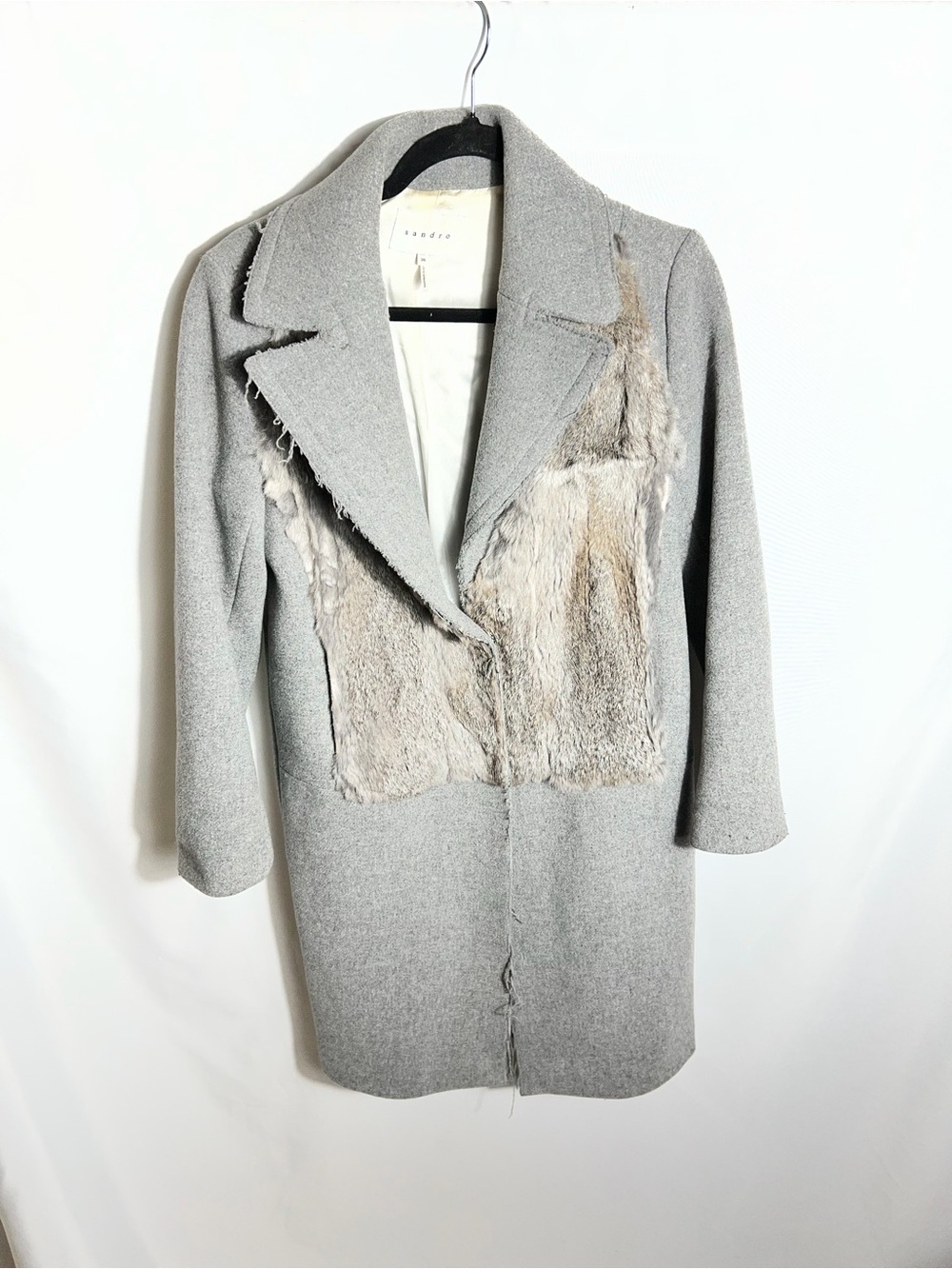 Sandro Paris Gray Rabbit Fur Wool Blend Coat Jacket Size 36 France Designer